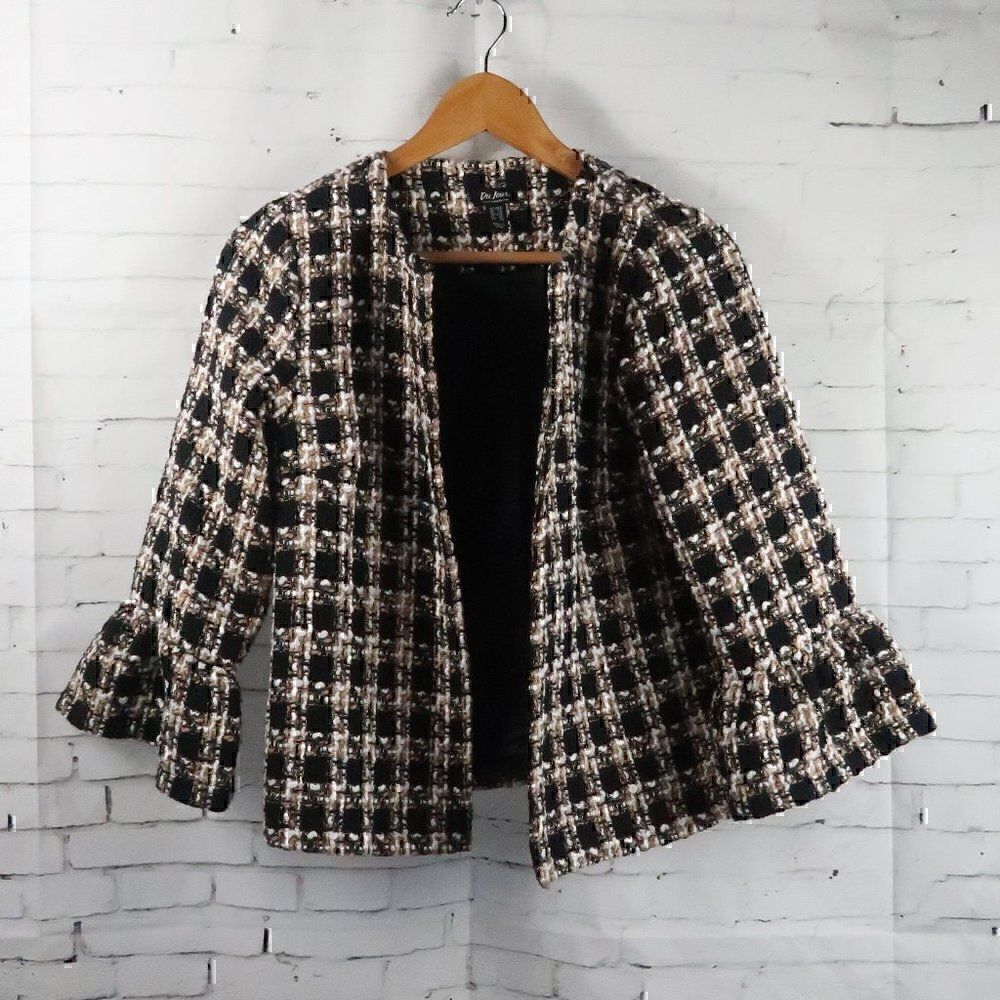 DU JOUR BLACK TAN & WHITE PLAID TWEED OPEN CROPPED BLAZER SIZE XXS
